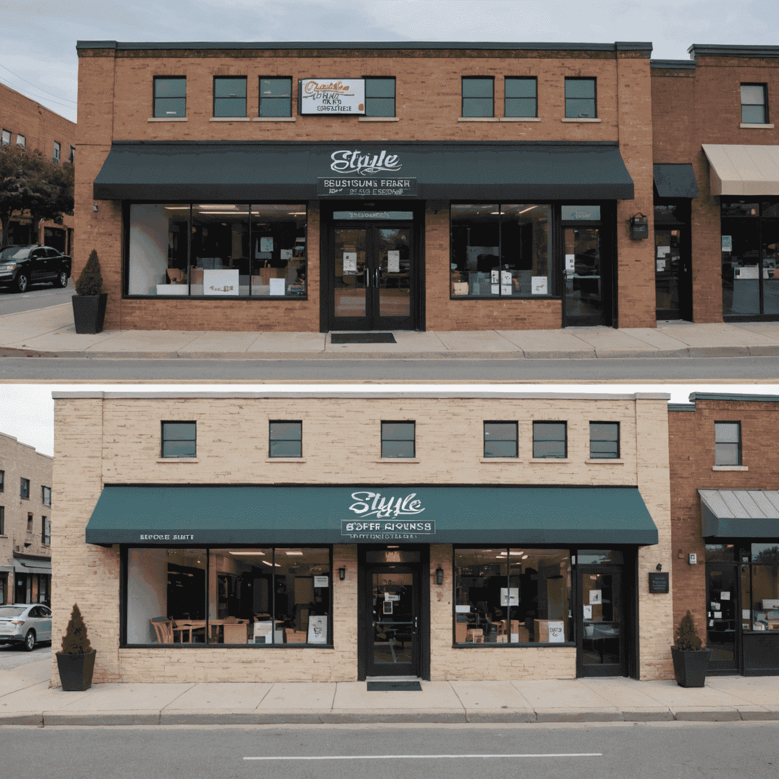 Before and after images of the local business storefront, showing a dramatic improvement in appearance and customer traffic