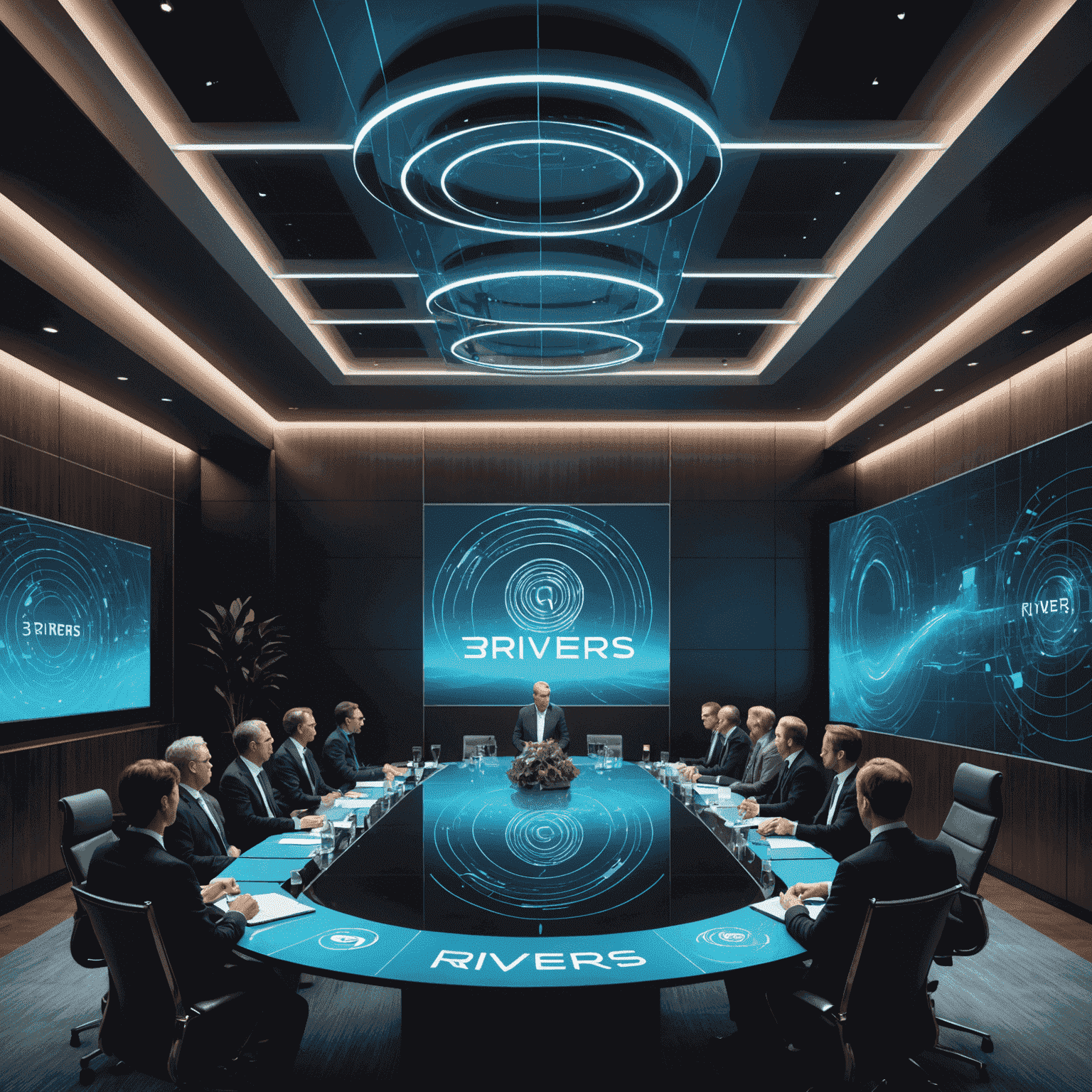 A sleek, modern conference room with '3Rivers' logo prominently displayed. Business professionals are gathered around a table, examining holographic projections of data and brand strategies.