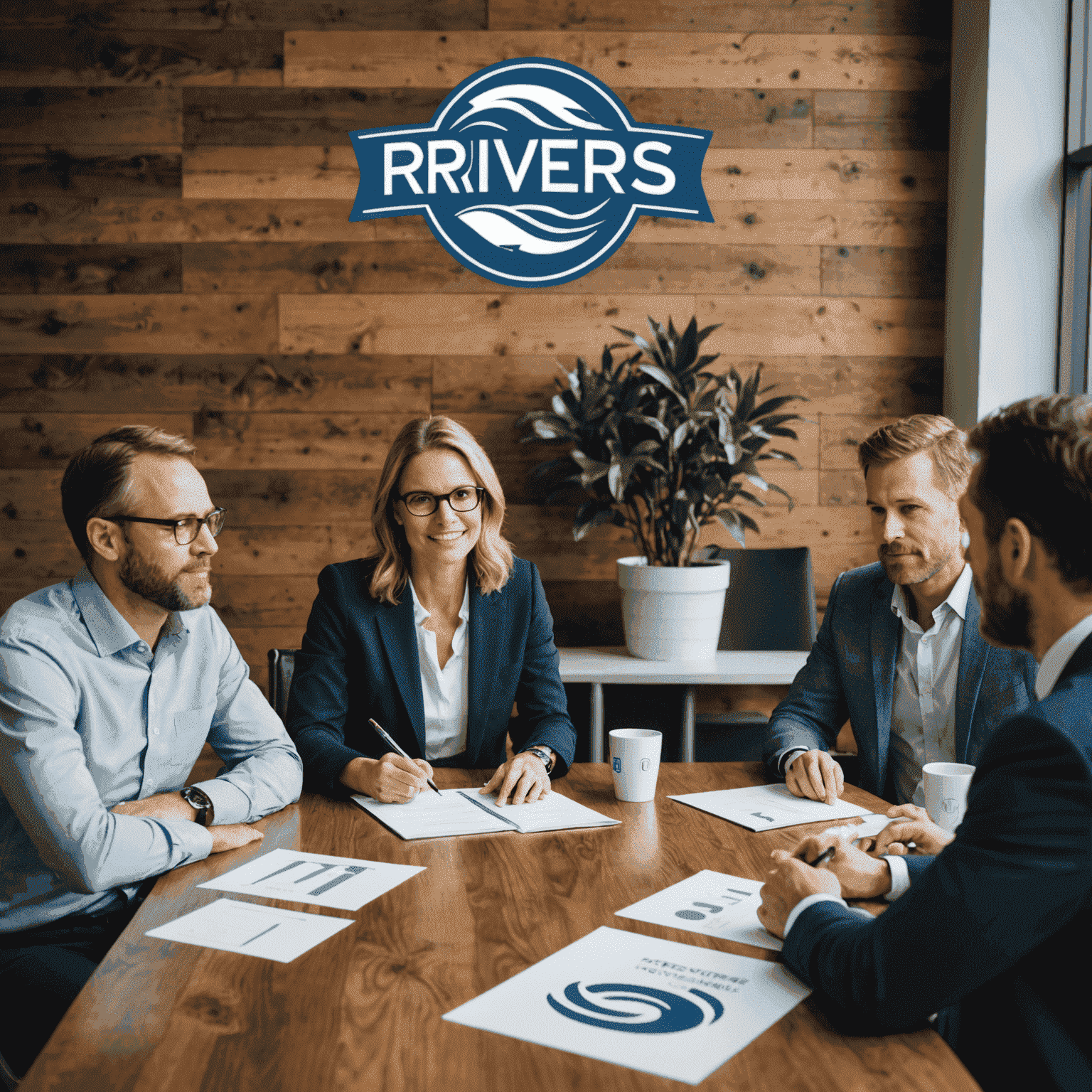 A team of professionals discussing strategies around a table with 3rivers logo prominently displayed