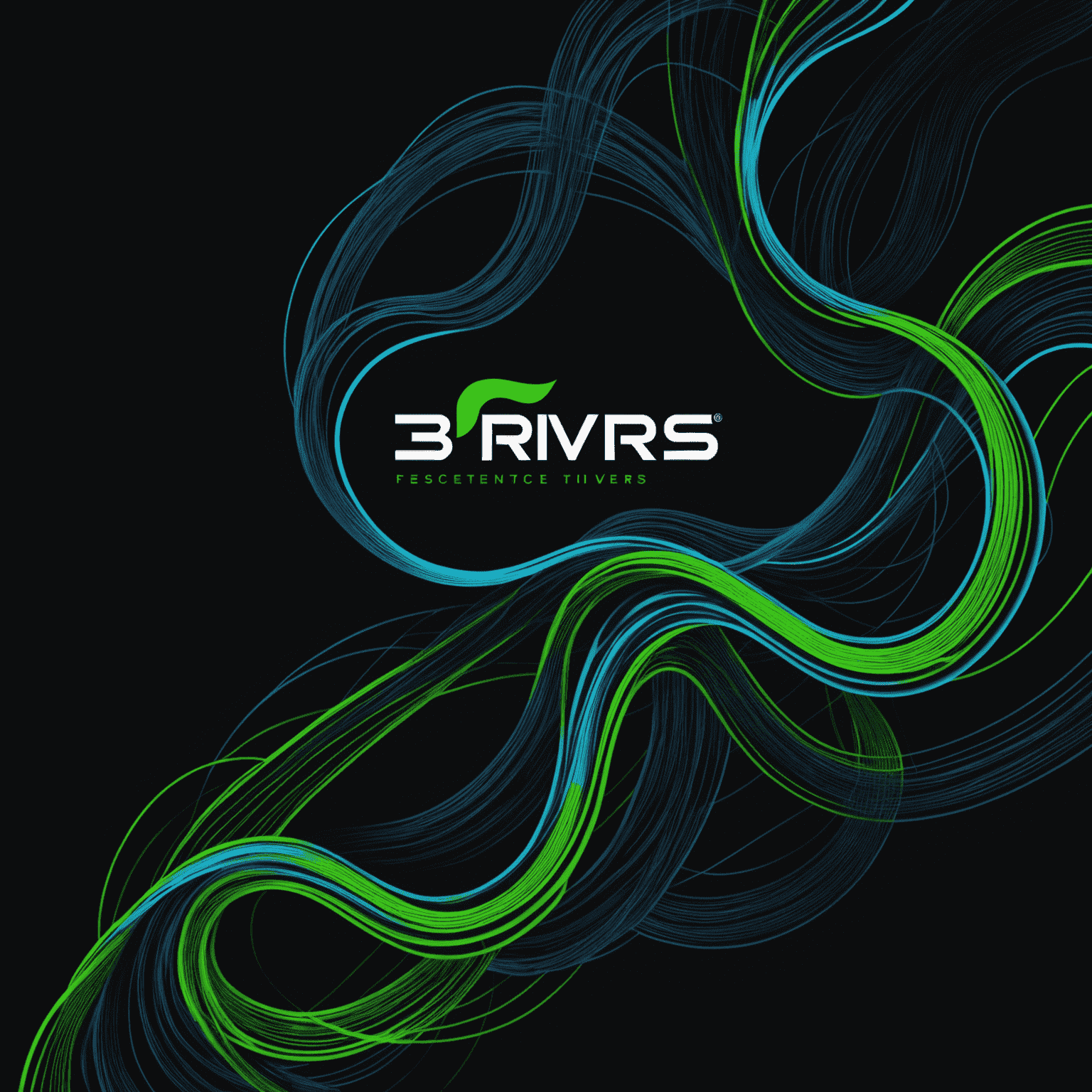 A dynamic visual representation of the 3rivers brand strategy process, showing interconnected rivers forming a cohesive brand identity. The image features flowing lines in electric blue and neon green against a deep black background, symbolizing the fusion of ideas and the power of strategic branding.