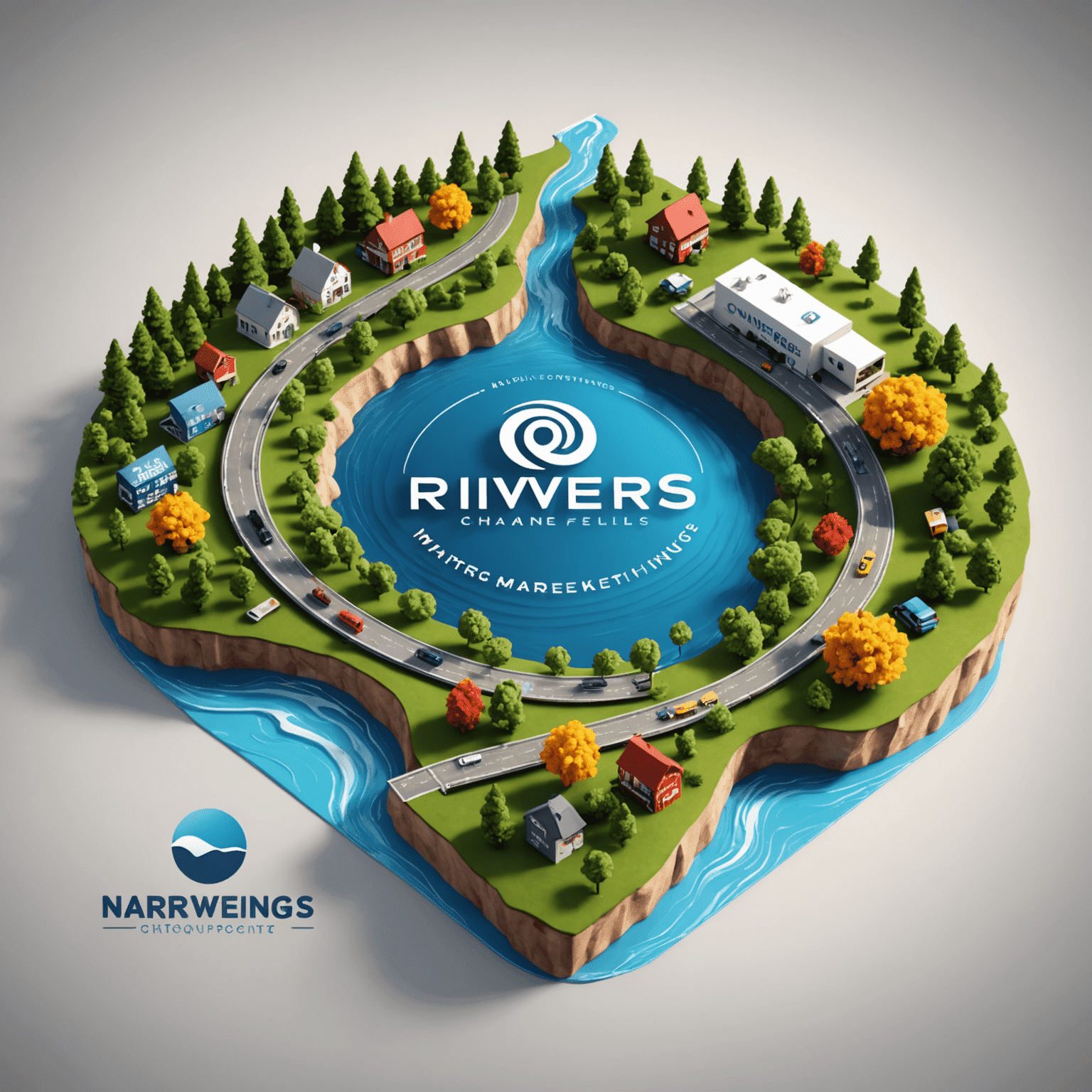 A dynamic 3D representation of marketing channels converging into the 3rivers logo, showcasing various digital and traditional marketing methods