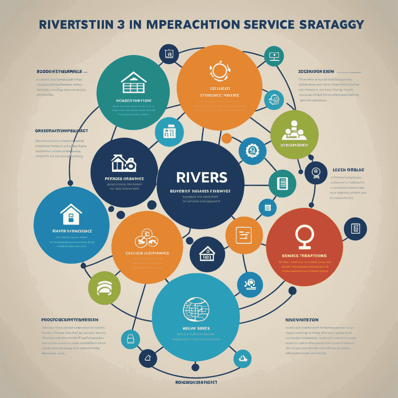 Infographic showing the implementation of 3Rivers Service strategy, with icons representing branding, digital presence, community engagement, and inventory optimization