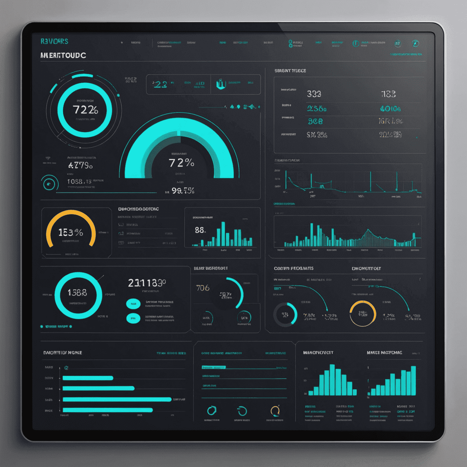 A futuristic dashboard displaying various 3rivers marketing metrics and campaign performance indicators