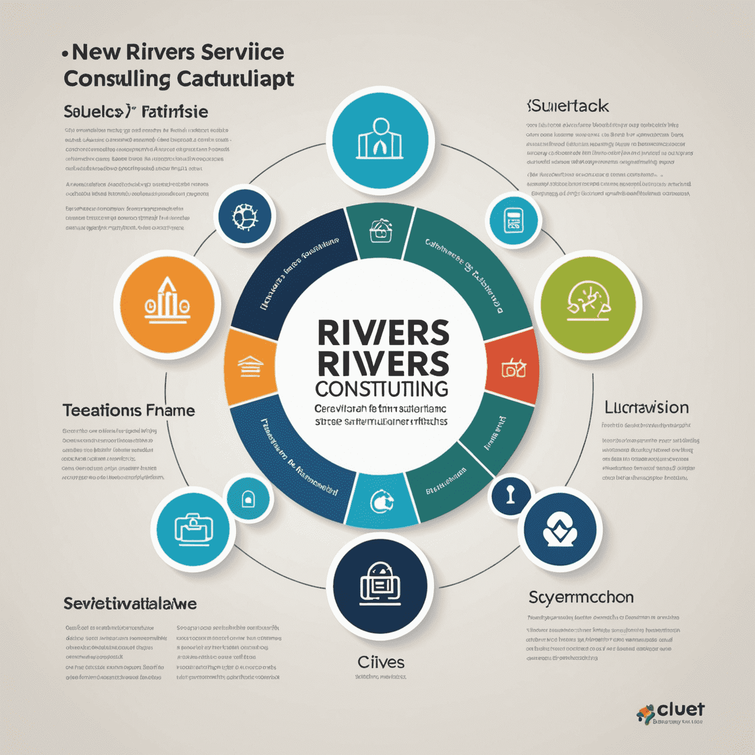 Infographic showcasing the features of the new 3Rivers Service consulting package with icons representing different aspects of the '3rivers' name strategy